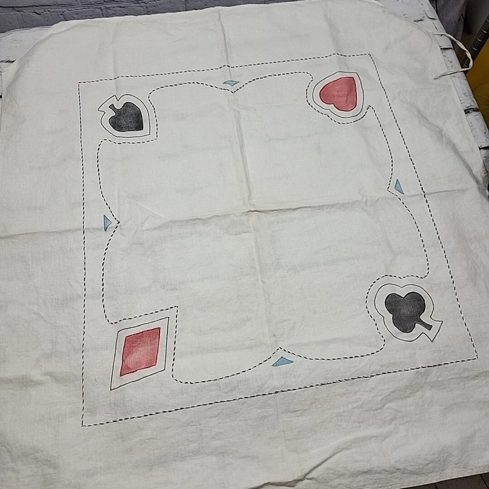 Vintage Card Table Tablecloth Card Suits In Corners Ties Down Poker Game Night
